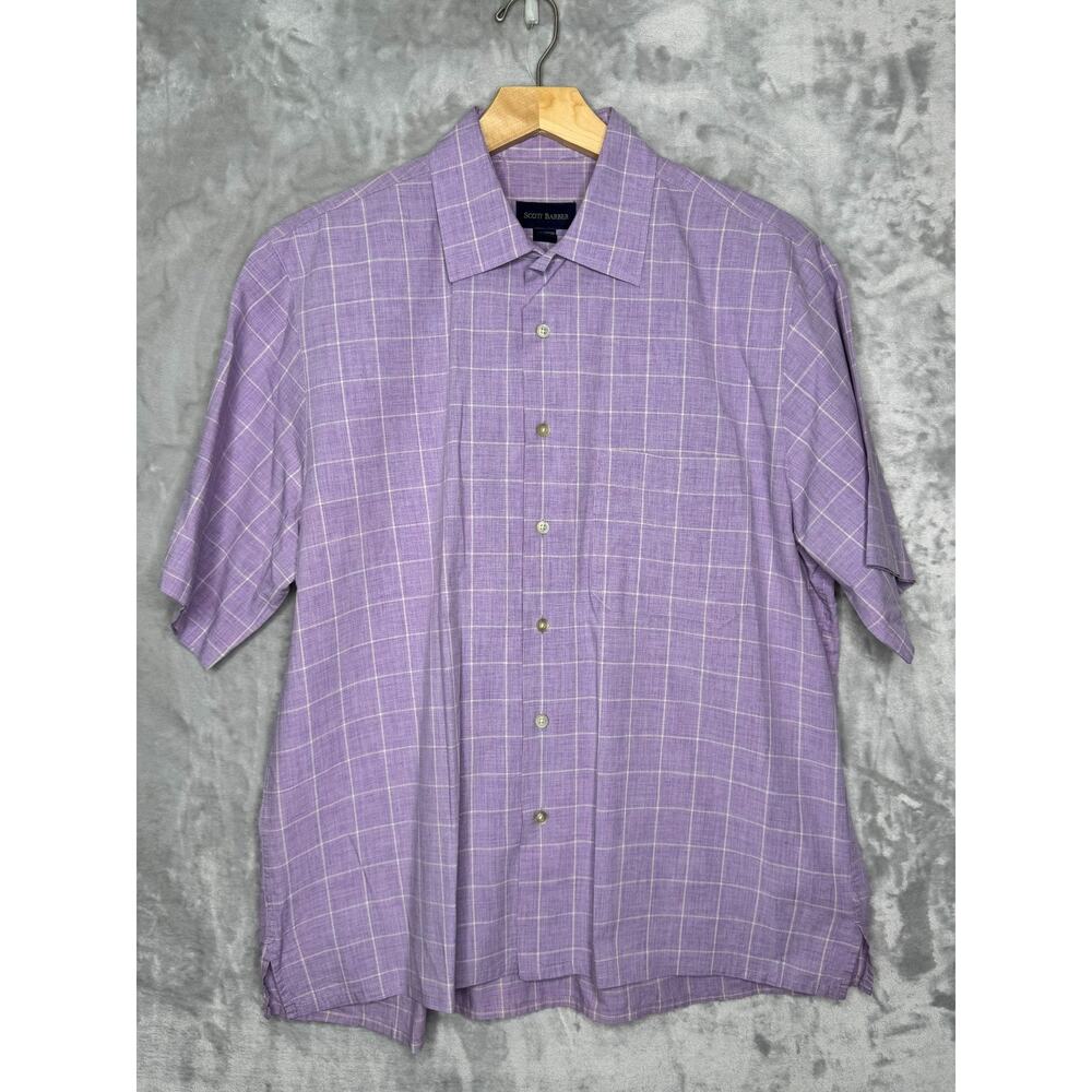Scott Barber Shirt Mens Large Lavender Windowpane Plaid Short Sleeve Cotton
